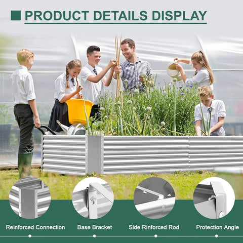 Two Pack 8x4x2ft Galvanized Raised Garden Bed Kit For Outdoor Veggie Growing with people tending plants, silver metal.