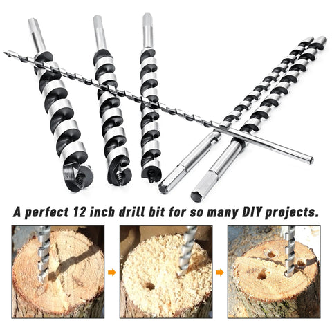 NICAVKIT 6-piece 12-inch auger drill bit set with hex shanks (1/4–7/8 in) for wood, plastic, drywall