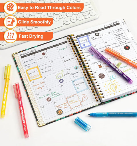 Six Pack Liquid Highlighters With Vibrant Assorted Colors And Clear View Design on open planner and keyboard backdrop