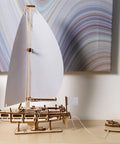 Ocean Beauty Yacht Wooden Model Kit For Adults A 3D Puzzle With Paper Sails And Stand Display Ready Mechanical Sailboat Craft For Brain Teaser Building And Shelf Showpiece. wooden sailboat model with white paper sails on display stand