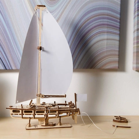 Ocean Beauty Yacht Wooden Model Kit For Adults A 3D Puzzle With Paper Sails And Stand Display Ready Mechanical Sailboat Craft For Brain Teaser Building And Shelf Showpiece. wooden sailboat model with white paper sails on display stand