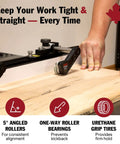 Clear Cut Table Saw Stock Guides With Roller Bearings For Safer, Cleaner, And More Precise Cuts, Includes 30 Inch Track And Hardware Pack For Quick, Easy Install And Pro Grade Stock Control in use, showing angled rollers on wood.