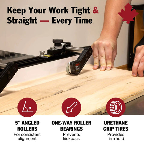 Clear Cut Table Saw Stock Guides With Roller Bearings For Safer, Cleaner, And More Precise Cuts, Includes 30 Inch Track And Hardware Pack For Quick, Easy Install And Pro Grade Stock Control in use, showing angled rollers on wood.