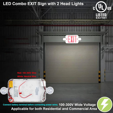 Smooth Running Exit Sign And Emergency Light Featuring Rock Solid Battery Backup Lasts Ninety Minutes Through Power Drops Dual Adjustable Led Heads Handle Any Room Or Shop Universal Wire In Two Pack Built Tough with LED heads and red exit indicator.
