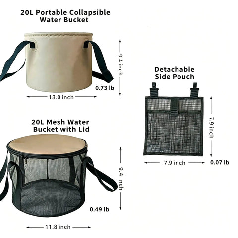 5 Gallon Collapsible Water Bucket With Handle Waterproof PVC Mesh Foldable Outdoor Container with detachable side pouch