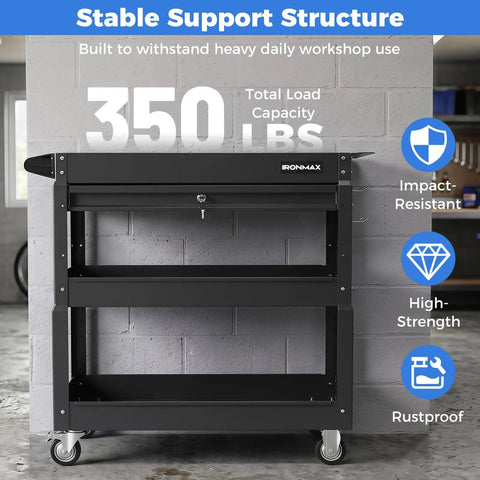 3 Tier Rolling Tool Cart With Lockable Drawer And Pegboard Hooks, Built Tough Heavy Duty Metal Utility Cart On Wheels For Garage, Workshop And Warehouse Organization, front view
