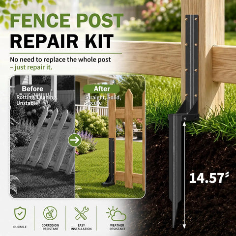 2 Pcs Heavy Duty Fence Post Repair Kit Rustproof Steel Ground Anchors for stabilizing leaning wooden posts.