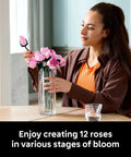 Botanicals Pink Rose Bouquet Buildable Flowers Set For Adults 18 Plus Gift For Her Home Office Decor Shelf Or Room Display Cool DIY Flower Arrangement 10374, woman arranging pink brick roses in glass vase