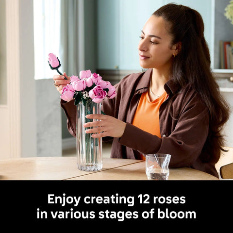 Botanicals Pink Rose Bouquet Buildable Flowers Set For Adults 18 Plus Gift For Her Home Office Decor Shelf Or Room Display Cool DIY Flower Arrangement 10374, woman arranging pink brick roses in glass vase