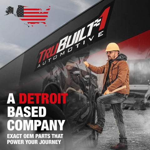 Worker in hard hat leaning on vehicle with TruBuilt Automotive building, text about Detroit OEM parts company visible.