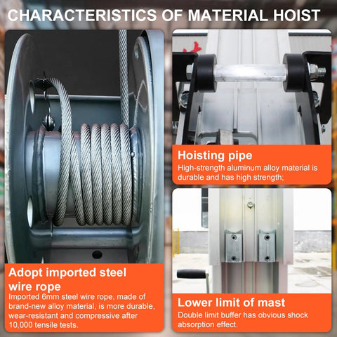 Close-up of Heavy Duty Telescoping Aluminum Rigging Lift Tower With Manual Crank Winch Elevator components, showcasing steel wire rope and hoisting pipe.