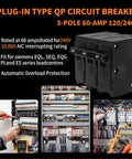 Badass 60 Amp 3 Pole Circuit Breaker With Thermal Magnetic Trip For Heavy Duty Overload Protection At 120 240 Volts, plug-in and rated for HVAC safety.