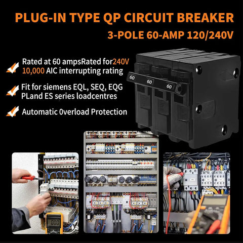 Badass 60 Amp 3 Pole Circuit Breaker With Thermal Magnetic Trip For Heavy Duty Overload Protection At 120 240 Volts, plug-in and rated for HVAC safety.