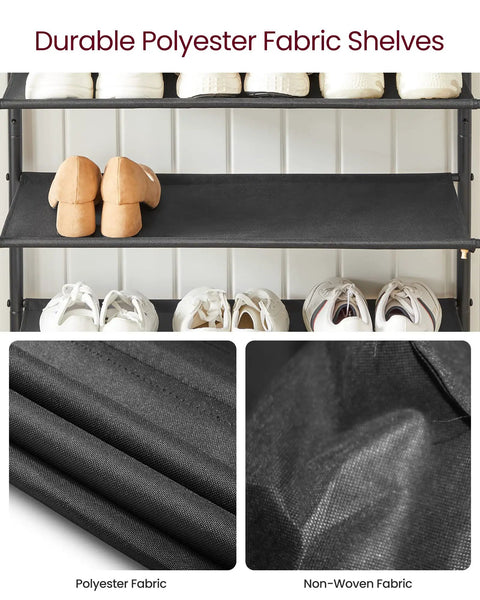 Solid Multi Tier Shoe Rack Storage Organizer Holds Twelve To Sixteen Pairs With Reinforced Steel Frame And Durable Fabric Shelves close-up of durable polyester fabric shelves.