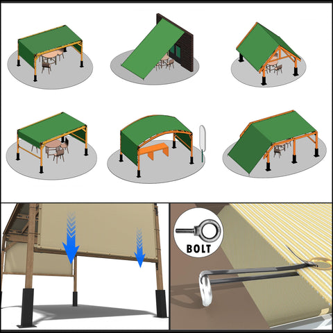 Diagrams showing universal fit and bolt details for Beige Pergola Sun Shade Canopy Replacement Cover 10 Ft By 18 Ft UPF50
