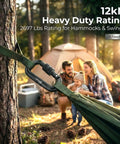 Beefy 12kN Heavy Duty Carabiner Clips With Ultralight Screw Lock Locking Design securing a hammock with family camping in background