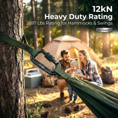 Beefy 12kN Heavy Duty Carabiner Clips With Ultralight Screw Lock Locking Design securing a hammock with family camping in background
