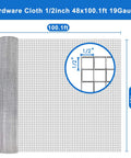 Heavy Duty Half Inch Hardware Cloth 19 Gauge 48 By 100 Feet Mild Steel Wire Mesh Fence Roll showing dimensions and grid pattern.