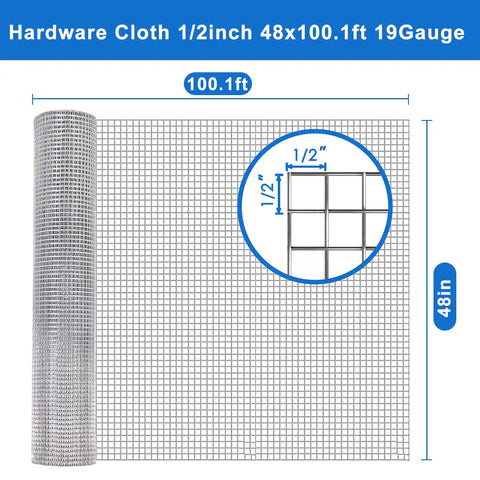 Heavy Duty Half Inch Hardware Cloth 19 Gauge 48 By 100 Feet Mild Steel Wire Mesh Fence Roll showing dimensions and grid pattern.