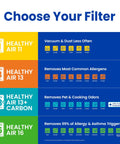 Comparison chart of air filter MERV ratings from 11 to 16 with features and benefits. "Choose Your Filter" text at the top.