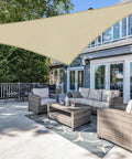 Right Triangle Beige Shade Sail 8x8x11.3 Ft Air Permeable HDPE Shade Cloth Heavy Duty Canopy installed over patio furniture set