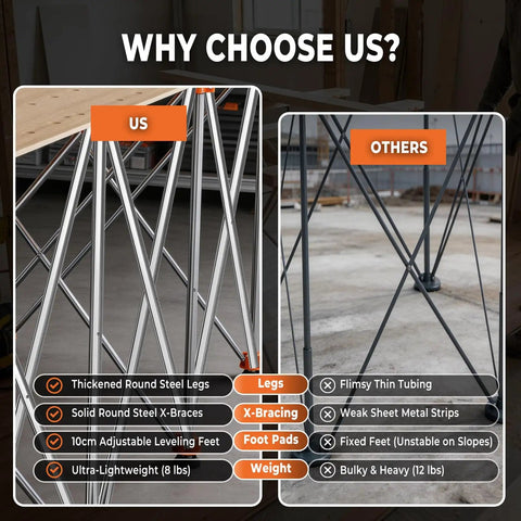 Comparison of Beefed Up Portable Folding Workstand with 2x4 foot span, thickened legs, and steel X braces versus alternative.