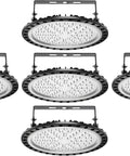 Set of five 300W UFO LED High Bay Lights for warehouse and workshop lighting, 30,000 lumens, 6500K daylight white, IP65 rated.