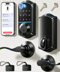Slick Fingerprint Smart Lock With Premium Matte Black Double Lever Handle Set featuring app control and biometric unlock.