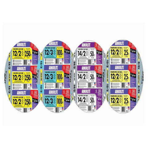 Display of multiple Armorlite cables, including MC Cable 14 2 Type 50 Foot 14 Gauge 2 Conductors Solid Metal Clad Cable with labels visible.
