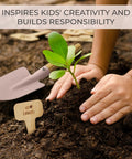Child planting with shovel from Kid Friendly Garden Starter Kit With Durable Safe Tools For Outdoor Fun Including Gloves, Tote Bag, 22Oz Watering Can, Rake, Shovel, Extra Pots, Labels And More For Tiny Gardeners.