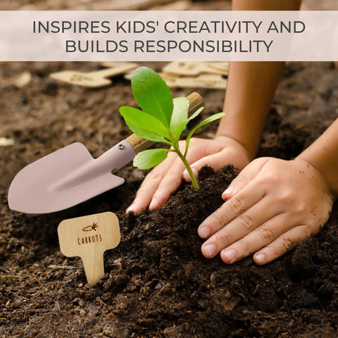 Child planting with shovel from Kid Friendly Garden Starter Kit With Durable Safe Tools For Outdoor Fun Including Gloves, Tote Bag, 22Oz Watering Can, Rake, Shovel, Extra Pots, Labels And More For Tiny Gardeners.