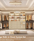 Heavy Duty Wooden Closet System With Twelve Drawers Four Hanging Rods And Two Tall Towers For Maximum Garment Shoe And Bag Storage with ample shelving.