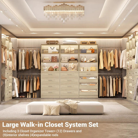 Heavy Duty Wooden Closet System With Twelve Drawers Four Hanging Rods And Two Tall Towers For Maximum Garment Shoe And Bag Storage with ample shelving.