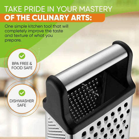 Close-up of the top handle of an Extra Large Four Sided Stainless Steel Box Grater For Parmesan, Vegetables And Ginger, shows dishwasher safe label