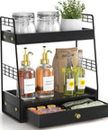 Coffee Bar Station Organizer With Built In Drawer And Two Tier Countertop Shelf For Tea Bags Coffee Accessories And Syrup Bottles Black Finish holding bottles and jars