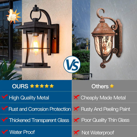 Comparison of matte black outdoor wall light fixture and rusty lantern, highlighting quality, rust protection, and waterproof features.
