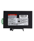 Back view showing label of Unmanaged 5 Port Industrial Gigabit Ethernet Switch With DIN Rail Or Wall Mount IP30 Enclosure Operating Temperature -40 To 167F 9 To 60V DC Input Auto Negotiation 3 Pin Terminal Block Power TAA Compliant Fanless