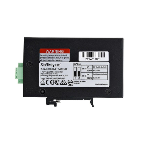 Back view showing label of Unmanaged 5 Port Industrial Gigabit Ethernet Switch With DIN Rail Or Wall Mount IP30 Enclosure Operating Temperature -40 To 167F 9 To 60V DC Input Auto Negotiation 3 Pin Terminal Block Power TAA Compliant Fanless