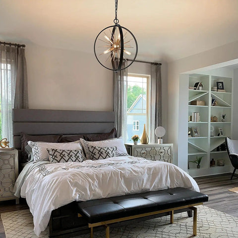 Modern bedroom with geometric chandelier, featuring Dimmable T6 LED Filament Bulbs 8W E12 Candelabra Edison Candle Bulbs