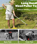 Man using 60 Inch Weed Puller With Long Handle And 17 Inch Hand Weeding Tool Set, Dual Side Weed Rake And Hoe Garden Weeder; without bending.