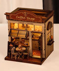 DIY Miniature Coffee Shop Kit With LED Light For Adults Teens And Kids, 3D Wooden Puzzles, Dollhouse Craft Kit, view of café exterior