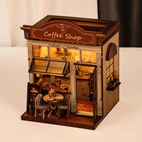 DIY Miniature Coffee Shop Kit With LED Light For Adults Teens And Kids, 3D Wooden Puzzles, Dollhouse Craft Kit, view of café exterior