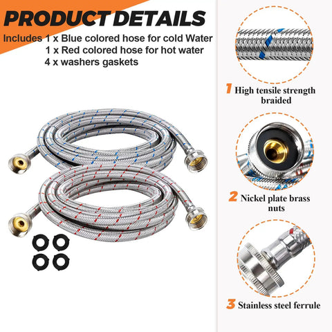 15Ft Stainless Steel Washing Machine Hoses Two Pack With Hot And Cold Water Lines Universal Fit For All Washers Burst Proof