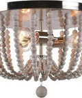 Casual 3 Light Wood Bead Flush Mount Ceiling Light in Brushed Steel Finish With Distressed White Beads, Rustic Boho Chic Fixture