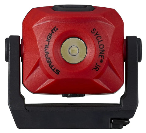 Front view of Syclone Jr USB Rechargeable Work Light 210 Lumen Ultra Compact LED with red casing and 360-degree rotating beam