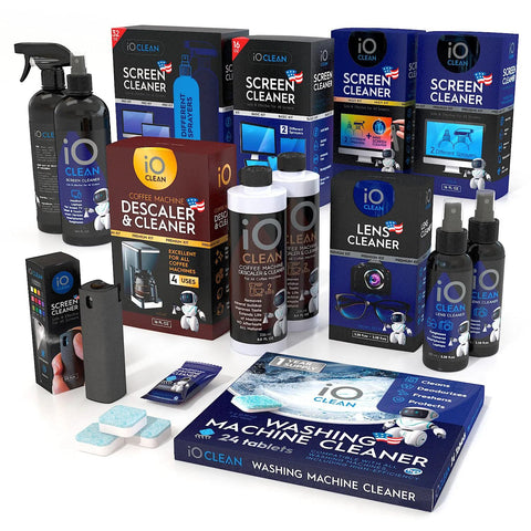 IO Clean eyeglass lens cleaner kit with two 3.38 oz bottles and two microfiber cloths for glasses and electronics.