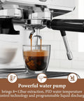 Automatic Espresso Machine With Grinder And 20 Bar Pressure serves espresso into glass, showcasing built-in grind and PID control.
