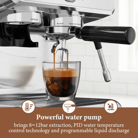 Automatic Espresso Machine With Grinder And 20 Bar Pressure serves espresso into glass, showcasing built-in grind and PID control.