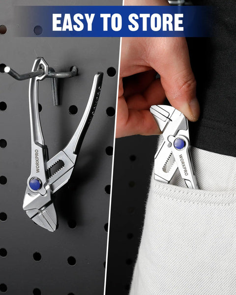 Mini Pliers Wrench 4 Inch With Smooth Parallel Jaws, Tough Alloy Steel Adjustable Pliers stored on pegboard and pocket