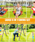 Children playing on Backyard Swing Set With 700 Lb Capacity Six In One Outdoor Kids Playset With Heavy Duty Metal Frame Three Adjustable Swings